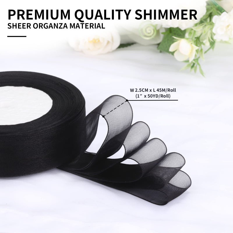 molshine 50 Yards x 1 Inch Shimmer Sheer Organza Ribbon,Chiffon Fabric Ribbons for Bouquets Garland,Bowknot,Wedding,Gift Wrapping,Hair,Crafts,Decoration (Black) - Image 2